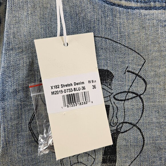 mnml X182 Stretch Denim Jeans Mens 36 Blue Los Angeles Graphic Distressed Slim - Picture 5 of 16